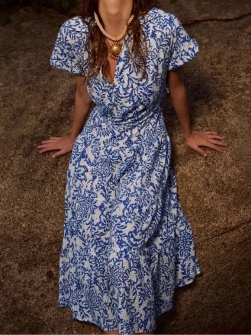 Zara Blue & White Floral Eyelet Midi Dress Sz L